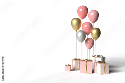 White background with pink gifts and balloons. Valentine's Day or wedding day romantic background for party, events, presentation or promotion banner, posters. 3d render