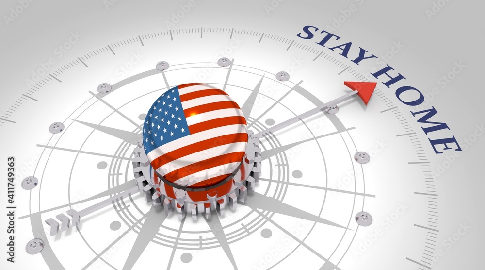 Concept of medicine. Abstract compass points to the stay home text. Flag of USA. 3D rendering Concept of medicine. Abstract compass points to the stay home text. Flag of USA. 3D rendering