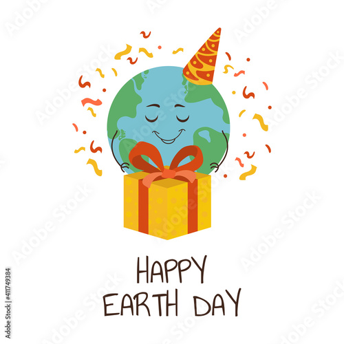 Happy earth day postcard. Cute planet opens a present strewn with confetti. Flat vector illustration.