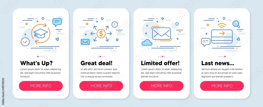 Set of Education icons, such as Dollar exchange, Messenger mail, Continuing education symbols. Mobile screen mockup banners. Contactless payment line icons. Vector
