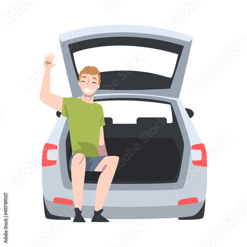 Beaming Man Sitting in Car Trunk and Waving Hand Taking Picture Vector Illustration