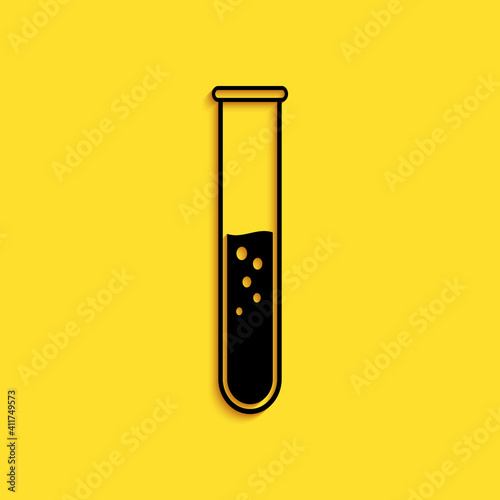 Black Test tube and flask - chemical laboratory test icon isolated on yellow background. Long shadow style. Vector.