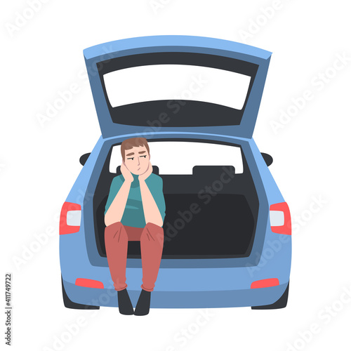 Thoughtful Man Sitting in Car Trunk Vector Illustration