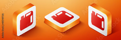 Isometric Plastic canister for motor machine oil icon isolated on orange background. Oil gallon. Oil change service and repair. Engine oil sign. Orange square button. Vector.