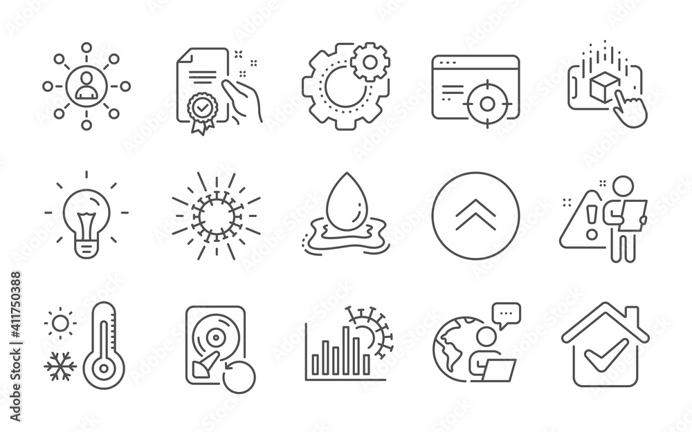 Coronavirus statistics, Water splash and Cogwheel line icons set. Augmented reality, Swipe up and Weather thermometer signs. Seo targeting, Idea and Certificate symbols. Line icons set. Vector