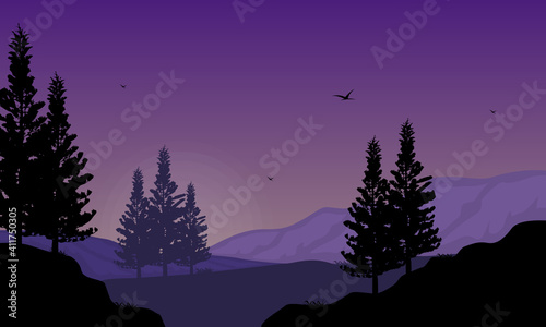 Wonderful scenery at night with a bright sky atmosphere. Vector illustration