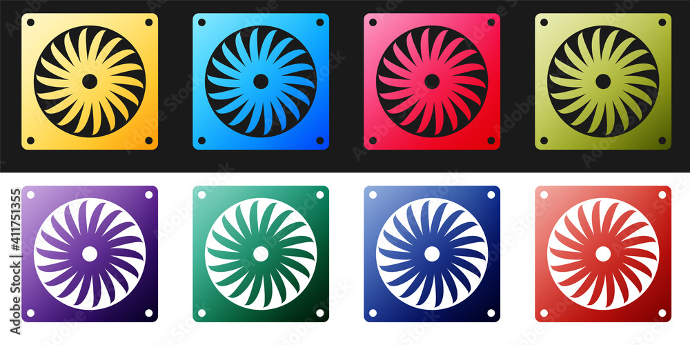 Set Computer cooler icon isolated on black and white background. PC hardware fan. Vector. Set Computer cooler icon isolated on black and white background. PC hardware fan. Vector.