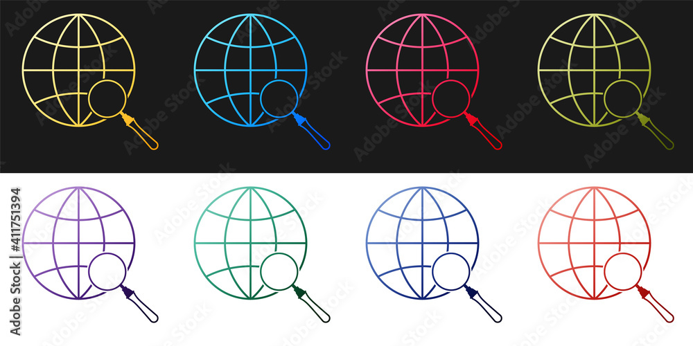 Set Magnifying glass with globe icon isolated on black and white background. Analyzing the world. Global search sign. Vector. Set Magnifying glass with globe icon isolated on black and white background. Analyzing the world. Global search sign. Vector.