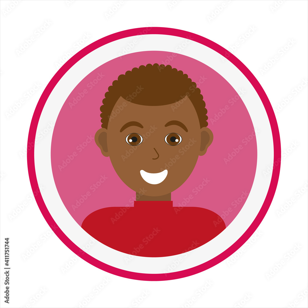 Male face. Man avatar. Handsome African American man wearing red turtleneck sweater. Smiling guy face with short curly hair. Isolated flat vector illustration.
