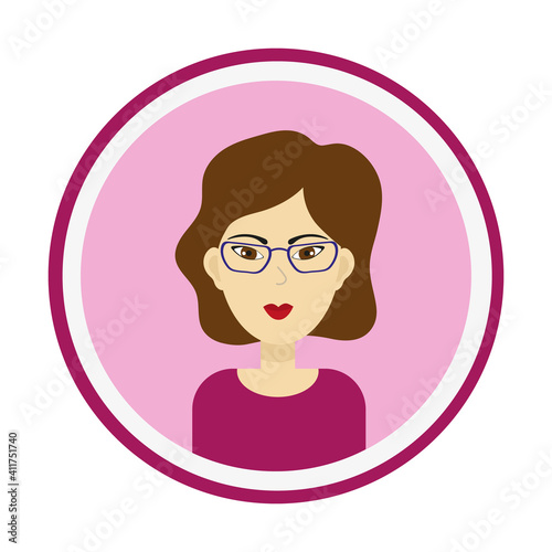 Female avatar. Cute woman’s portrait on pink background. Girl’s face with medium length curly brown hair, brown eyes and glasses. Isolated vector illustration.