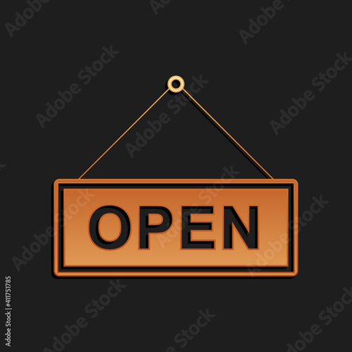 Gold Hanging sign with text Open door icon isolated on black background. Long shadow style. Vector.