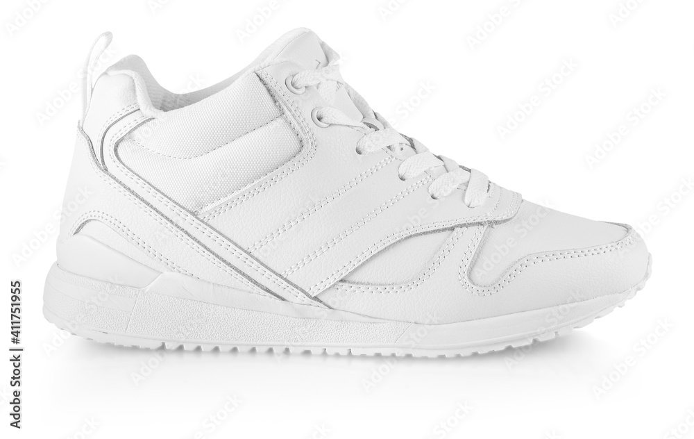 white women's winter sneakers isolated on white. Pair of trendy women white women's winter sneakers isolated on white. Pair of trendy women