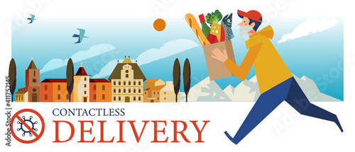 Contactless safe delivery of products. Vector illustration.