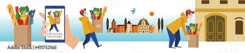 Contactless safe delivery of products. Vector illustration.
