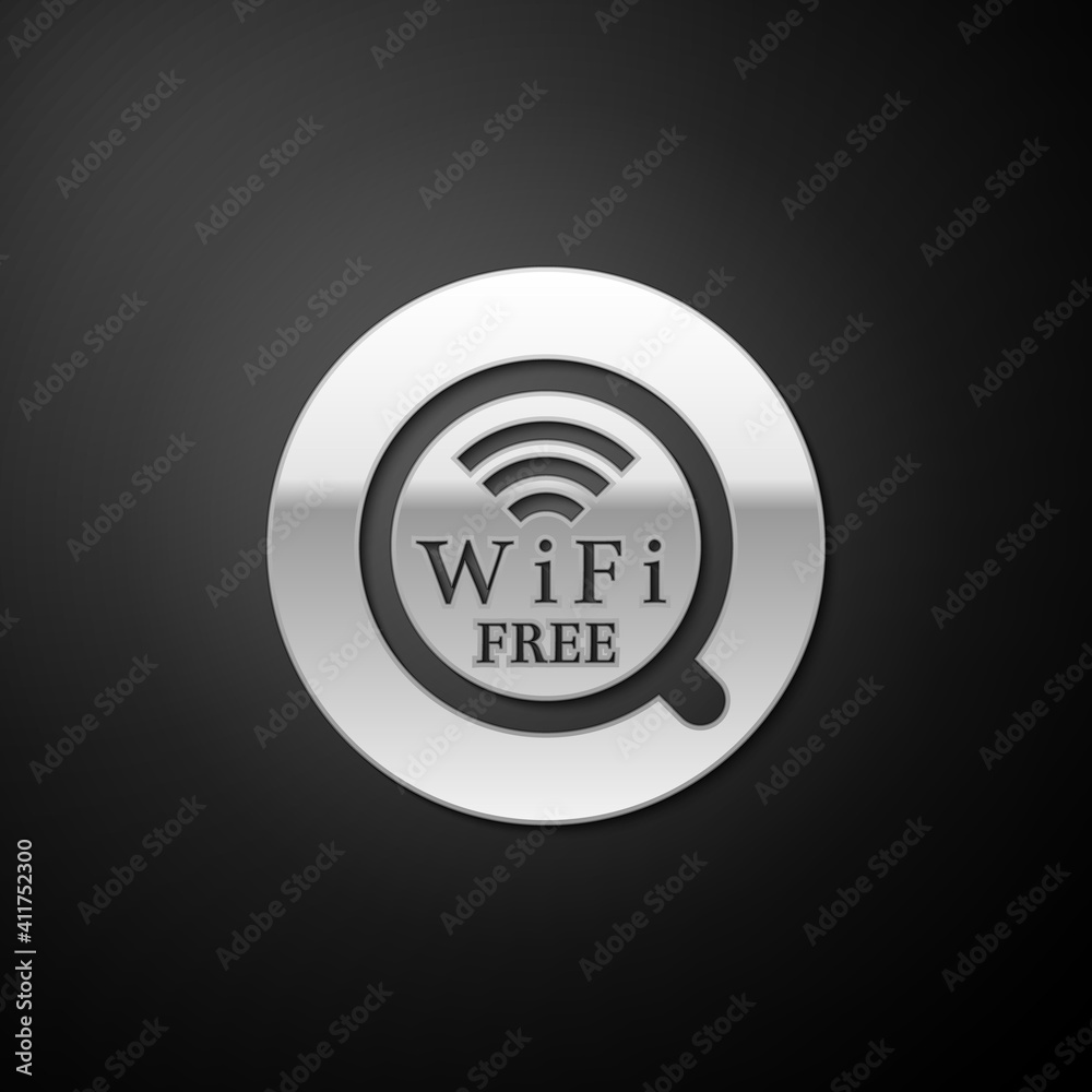 Silver Cup of coffee shop with free wifi zone icon isolated on black background. Internet connection placard. Long shadow style. Vector. Silver Cup of coffee shop with free wifi zone icon isolated on black background. Internet connection placard. Long shadow style. Vector.