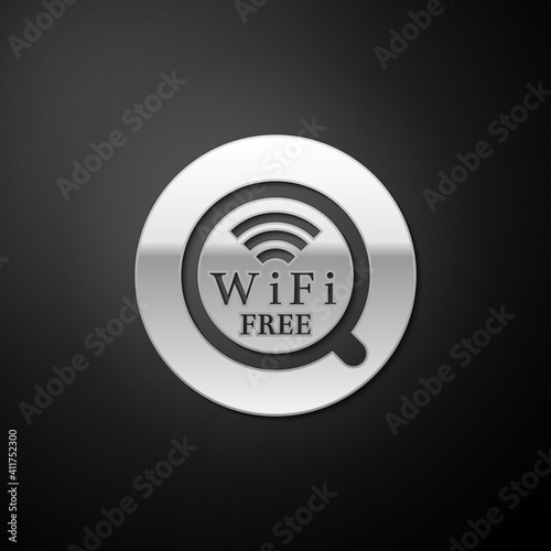 Silver Cup of coffee shop with free wifi zone icon isolated on black background. Internet connection placard. Long shadow style. Vector.