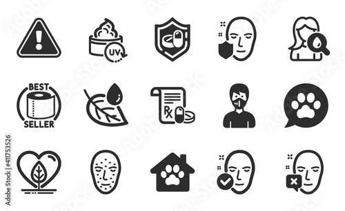 Medical tablet, Face biometrics and Toilet paper icons simple set. Pet shelter, Uv protection and Face protection signs. Health skin, Medical prescription and Local grown symbols. Vector