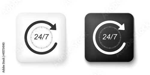 Black and white Open 24 hours a day and 7 days a week icon isolated on white background. All day cyclic icon. Square button. Vector.