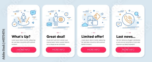 Set of Technology icons, such as Cogwheel, Puzzle, Augmented reality symbols. Mobile screen app banners. Call center line icons. Engineering tool, Engineering strategy, Virtual reality. Vector