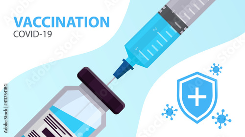 Coronavirus vaccination banner. Covid-19 prevention. Syringe with needle and vaccine bottle. Safety measure during coronavirus. Vector illustration.