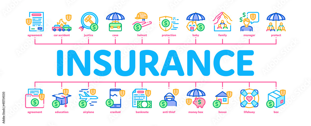 Insurance All-purpose Minimal Infographic Web Banner Vector. Insurance Agreement For Protection House And Car, Health And Life, Phone And Lost Work Color Illustration Insurance All-purpose Minimal Infographic Web Banner Vector. Insurance Agreement For Protection House And Car, Health And Life, Phone And Lost Work Color Illustration