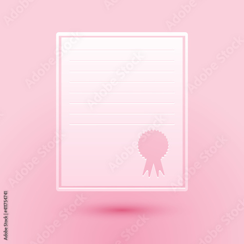 Paper cut Certificate template icon isolated on pink background. Achievement, award, degree, grant, diploma concepts. Business success certificate. Paper art style. Vector.