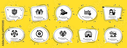 Business icons set. Speech bubble offer banners. Yellow coupon badge. Included icon as Safe water, Rating stars, Cogwheel signs. Winner cup, Cleaning, Eco organic symbols. Vector