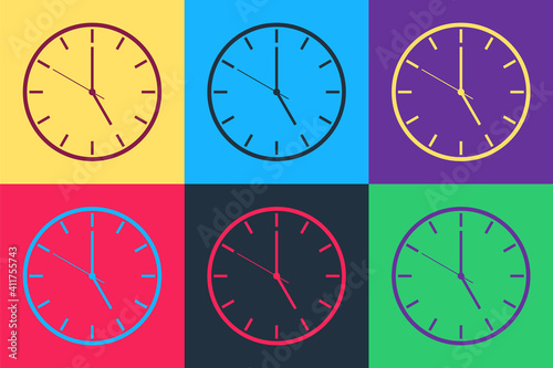 Pop art Clock icon isolated on color background. Time symbol. Vector.