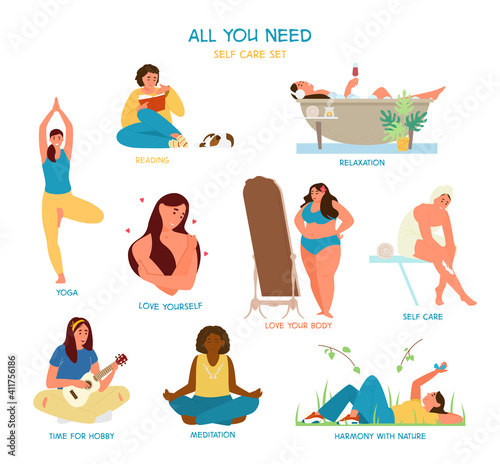 Self Care And Time For Yourself Illustrations Flat Vector Set. Women Enjoying Time Alone. Reading, Taking Bath, Practicing Yoga, Self Hugging, Admiring Herself, Meditating, Playing Ukulele etc.