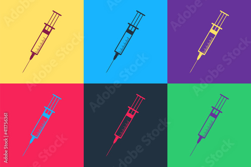 Pop art Syringe icon isolated on color background. Syringe sign for vaccine, vaccination, injection, flu shot. Medical equipment. Vector.