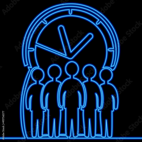 Continuous line businessmen crowd and clock neon