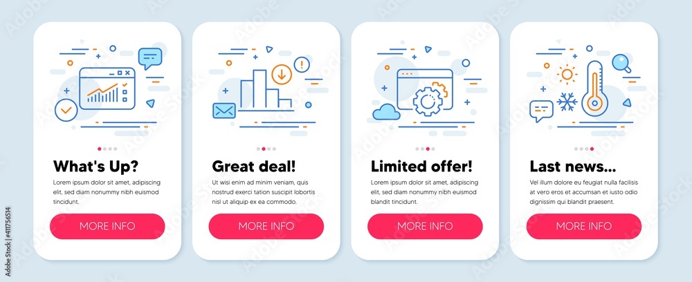 Set of Science icons, such as Decreasing graph, Web traffic, Seo gear symbols. Mobile screen mockup banners. Weather thermometer line icons. Crisis chart, Website window, Settings. Temperature. Vector Set of Science icons, such as Decreasing graph, Web traffic, Seo gear symbols. Mobile screen mockup banners. Weather thermometer line icons. Crisis chart, Website window, Settings. Temperature. Vector