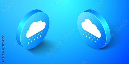 Isometric Cloud with rain icon isolated on blue background. Rain nimbus cloud precipitation with rain drops. Blue circle button. Vector.