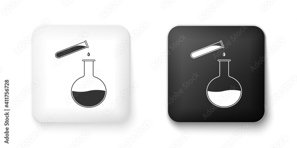 Black and white Test tube and flask - chemical laboratory test icon isolated on white background. Laboratory glassware sign. Square button. Vector.
