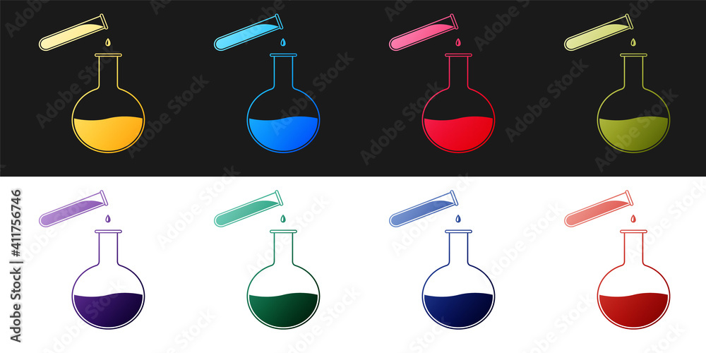 Set Test tube and flask - chemical laboratory test icon isolated on black and white background. Laboratory glassware sign. Vector. Set Test tube and flask - chemical laboratory test icon isolated on black and white background. Laboratory glassware sign. Vector.