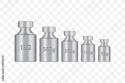 Kg weight mass silver chrome metal realistic vector set. Old press collection in realistic design. Steel plummet isolated on white background. Weight pictogram. Metrical system of units