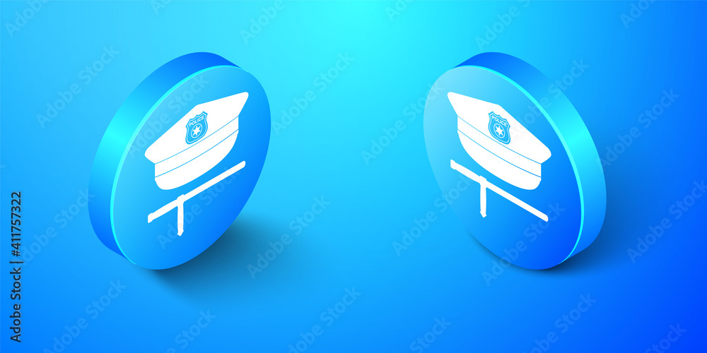 Isometric Police cap and rubber baton icon isolated on blue background. Security truncheons. Police stick. Policeman uniform. Blue circle button. Vector. Isometric Police cap and rubber baton icon isolated on blue background. Security truncheons. Police stick. Policeman uniform. Blue circle button. Vector.