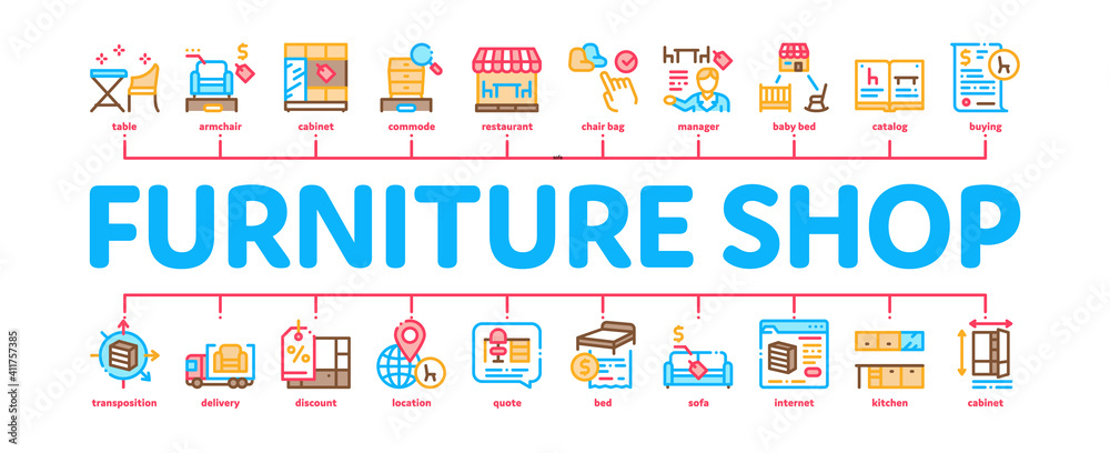 Furniture Shop Market Minimal Infographic Web Banner Vector. Furniture Table And Chair For Cafe, Couch And Bed, Internet Store And Catalog Color Illustration Furniture Shop Market Minimal Infographic Web Banner Vector. Furniture Table And Chair For Cafe, Couch And Bed, Internet Store And Catalog Color Illustration