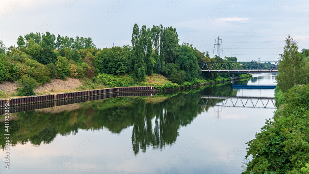 The Rhine-Herne Canal, seen from the Nordsternpark, Gelsenkirchen, North Rhine-Westfalia, Germany