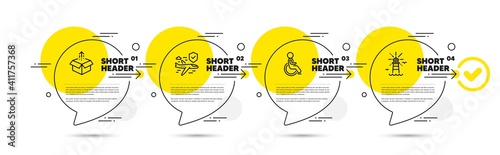 Flight insurance, Disabled and Send box line icons set. Timeline infograph speech bubbles. Lighthouse sign. Full coverage, Handicapped wheelchair, Delivery package. Navigation beacon. Vector