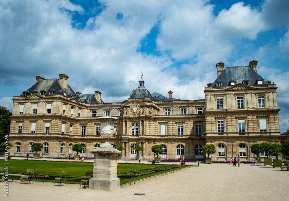 Paris, France - July 19, 2019: Luxembourg Palace located in the Luxembourg Gardens in Paris, France Paris, France - July 19, 2019: Luxembourg Palace located in the Luxembourg Gardens in Paris, France