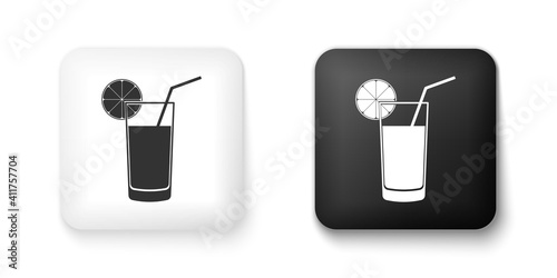 Black and white Glass of juice icon isolated on white background. Orange slice and tube for drinking. Healthy organic food. Square button. Vector.