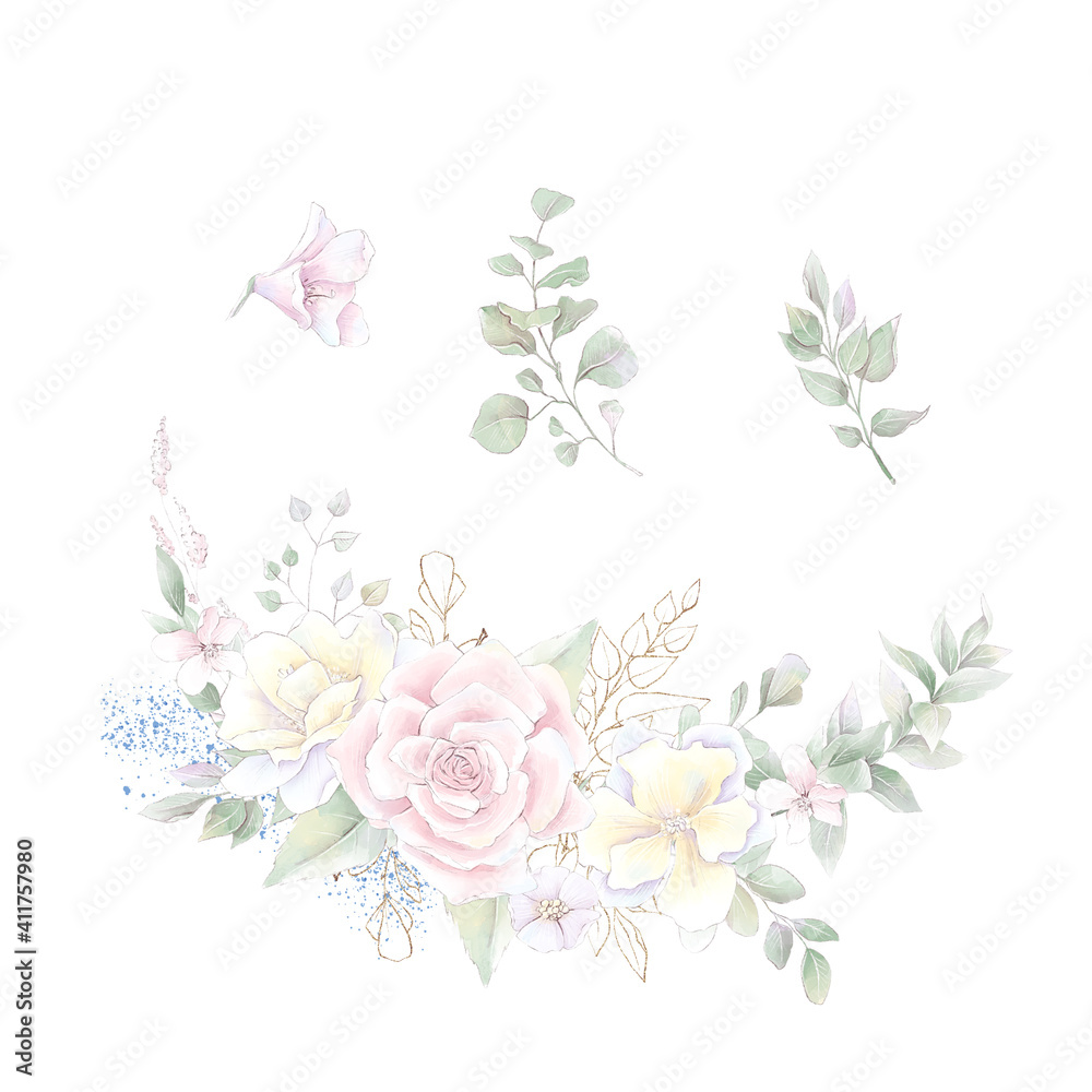 A set of a wreath of delicate roses and orchids. Watercolor illustration
