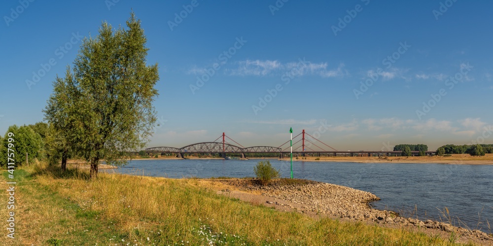 Duisburg, North Rhine-Westfalia, Germany - August 07, 2018: A parched meadow at the River Rhine with the Beeckerwerther Bridge and the Haus-Knipp Railway bridge in the background