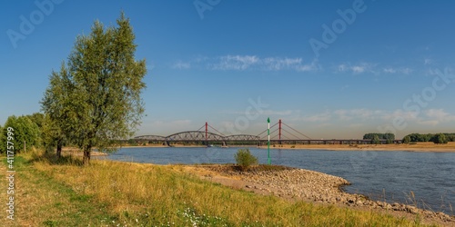 Duisburg  North Rhine-Westfalia  Germany - August 07  2018  A parched meadow at the River Rhine with the Beeckerwerther Bridge and the Haus-Knipp Railway bridge in the background