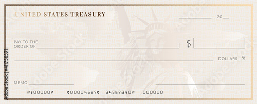 Blank stimulus bank check template. Fake checkbook mockup. photo
