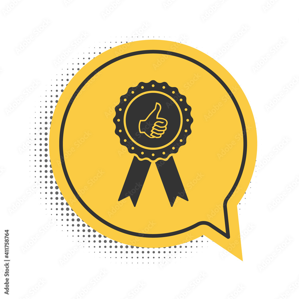 Black Thumbs up on medal badge with ribbons icon isolated on white background. Yellow speech bubble symbol. Vector. Black Thumbs up on medal badge with ribbons icon isolated on white background. Yellow speech bubble symbol. Vector.