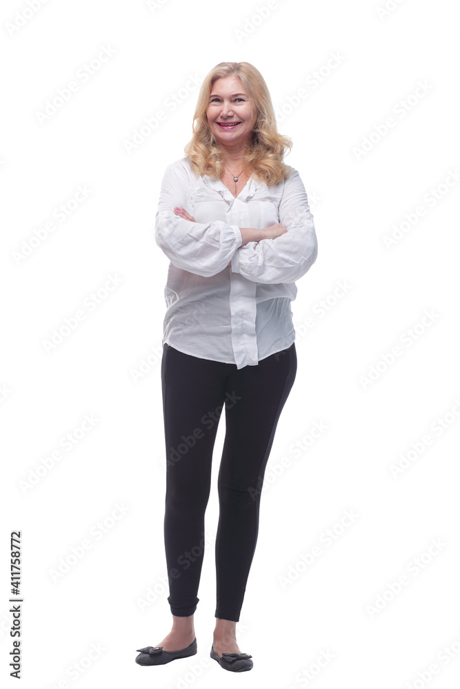 in full growth. happy mature woman in a white blouse. in full growth. happy mature woman in a white blouse.