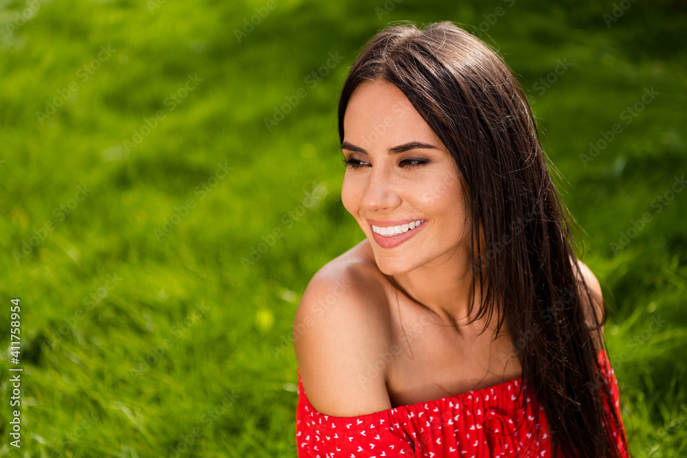 Photo of dreamy charming young lady wear red off-shoulders dress smiling sitting green grass outside countryside Photo of dreamy charming young lady wear red off-shoulders dress smiling sitting green grass outside countryside