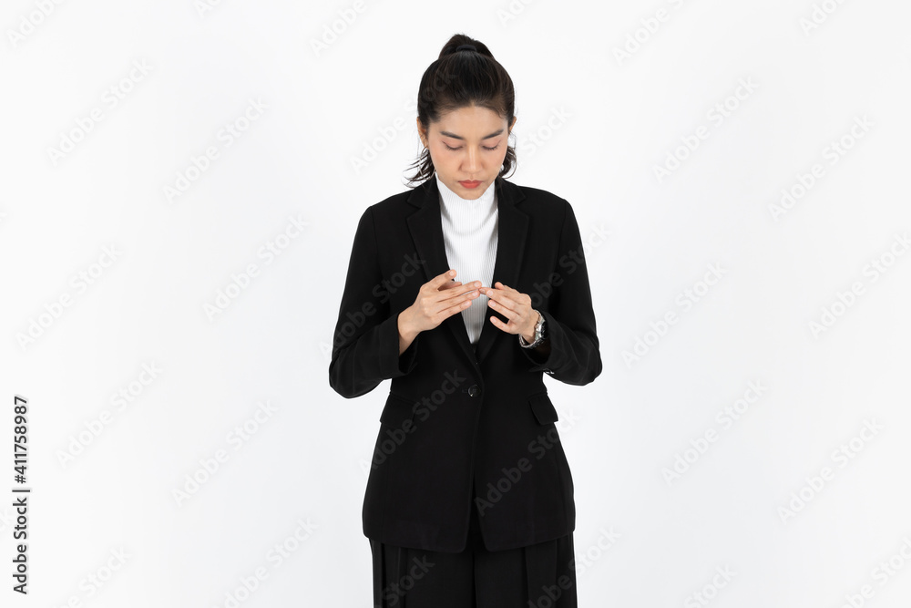 Tired and depressed Asian business woman feeling strain and close her eyes over white isolated background. Unemployment and layoff concept. Tired and depressed Asian business woman feeling strain and close her eyes over white isolated background. Unemployment and layoff concept.
